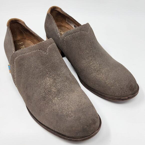 Toms Shaye Dusty Gold Star Suede Brown Gold Sparkle Stack Heel Bootie Womens 8.5 - Picture 1 of 11